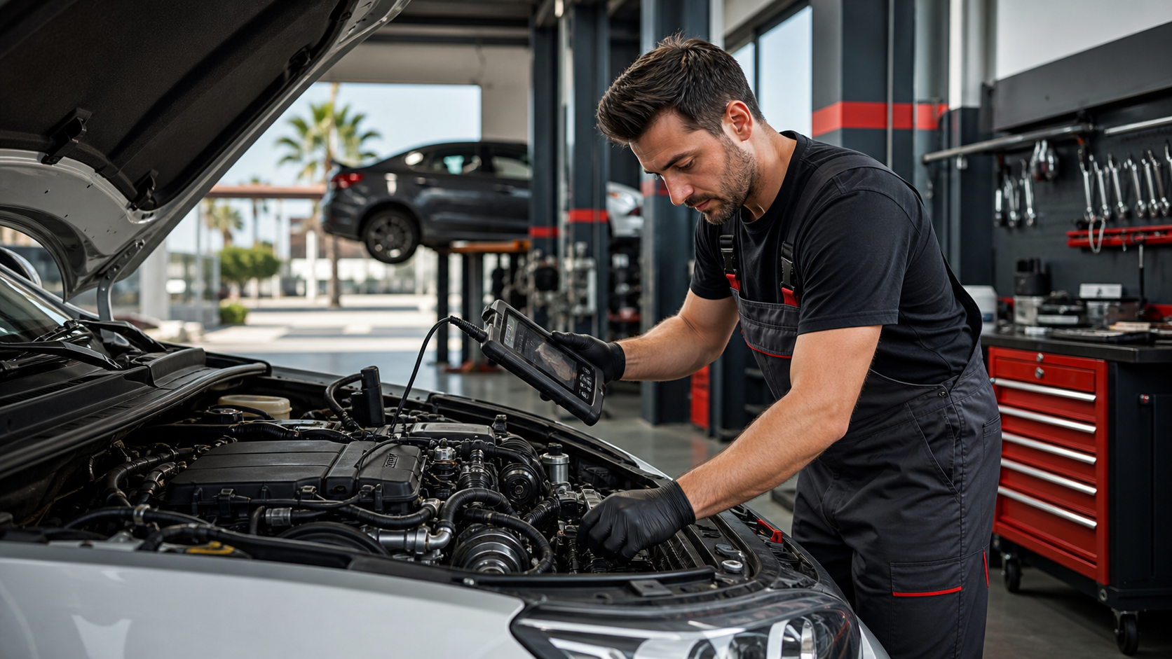 Oto mekanik servisinde araç motorunu kontrol eden teknisyen