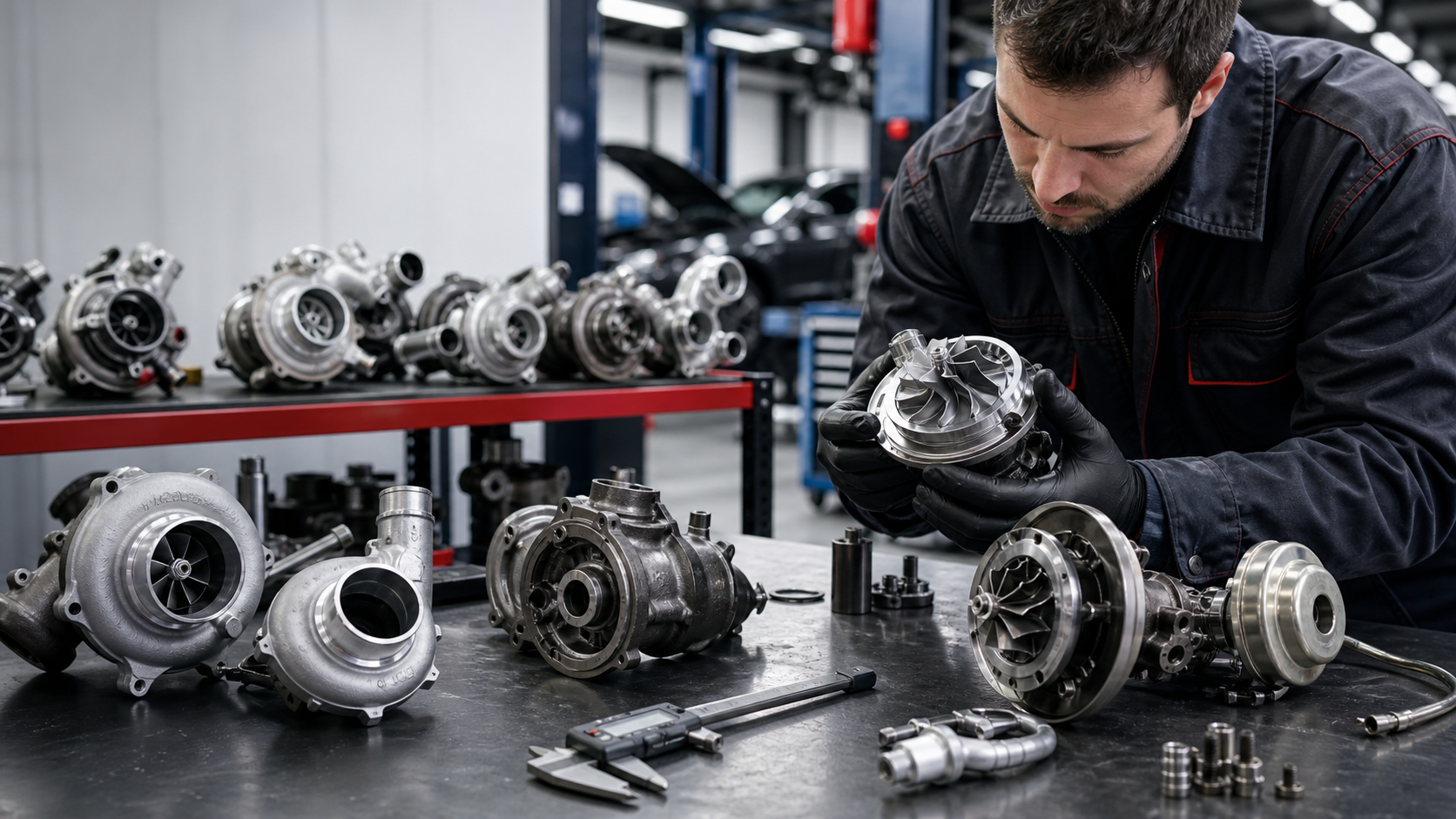 Turbo parçalarını kontrol eden servis çalışanı